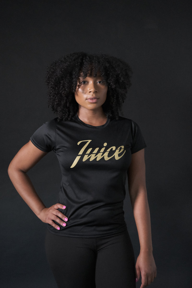 N.O. Saints Ladies Black T-Shirt with Gold Sleeves